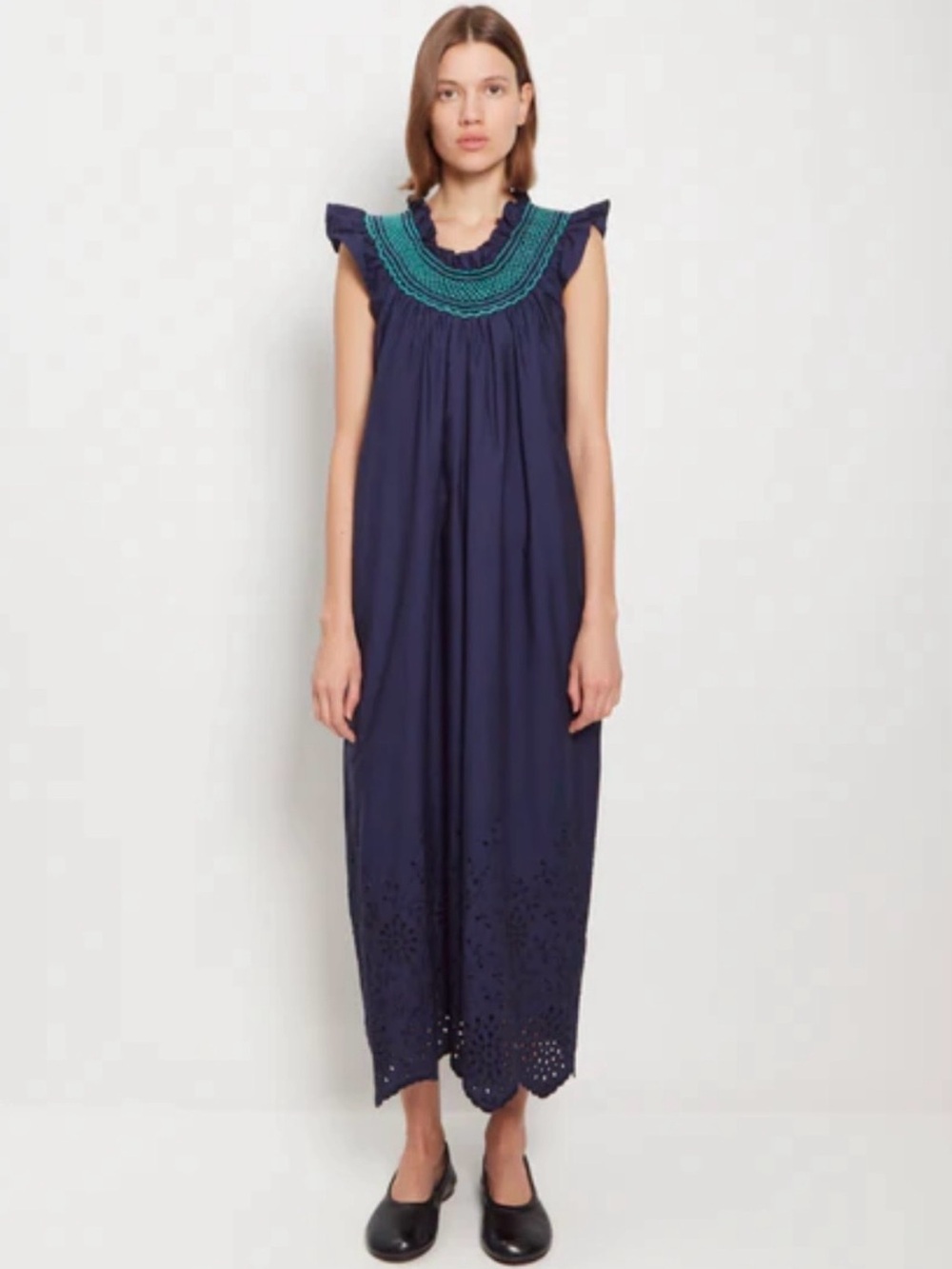 Loretta Caponi Navy Blue Eyelet Lace Delfina Dress Heritage Sangallo XS S M O/S